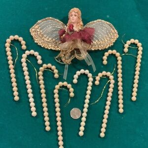 Vintage angel ornament and 8 beaded candy canes.